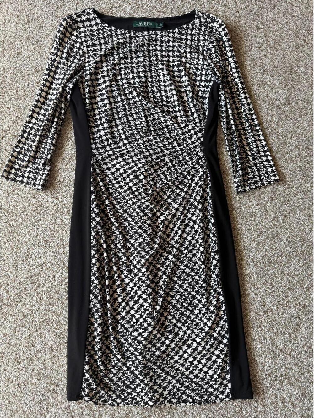 Lauren Ralph Lauren Black & White Houndstooth 3/4 Sleeve Midi Dress Size 8